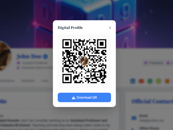 Your shareable research profile: QR code included.